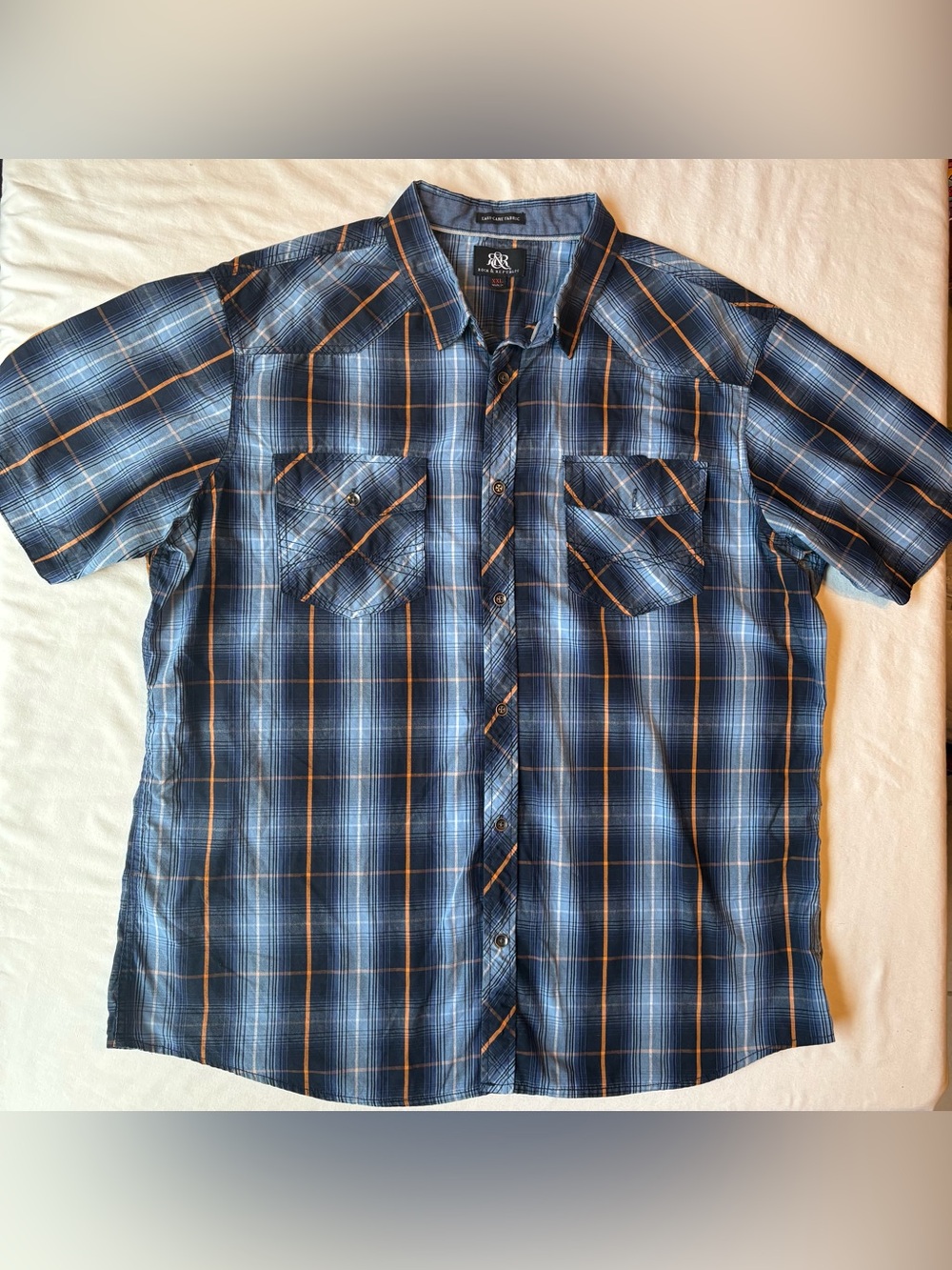 Rock & Republic Blue Plaid Short-Sleeve Button-Down with Orange Stripe size XXL